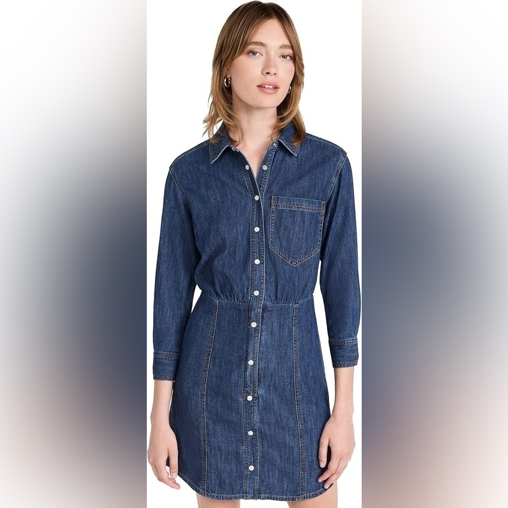 Veronica Beard Jeans Keston Denim Shirt Dress Pearl Snap 3/4 Sleeve Size 14 Blue